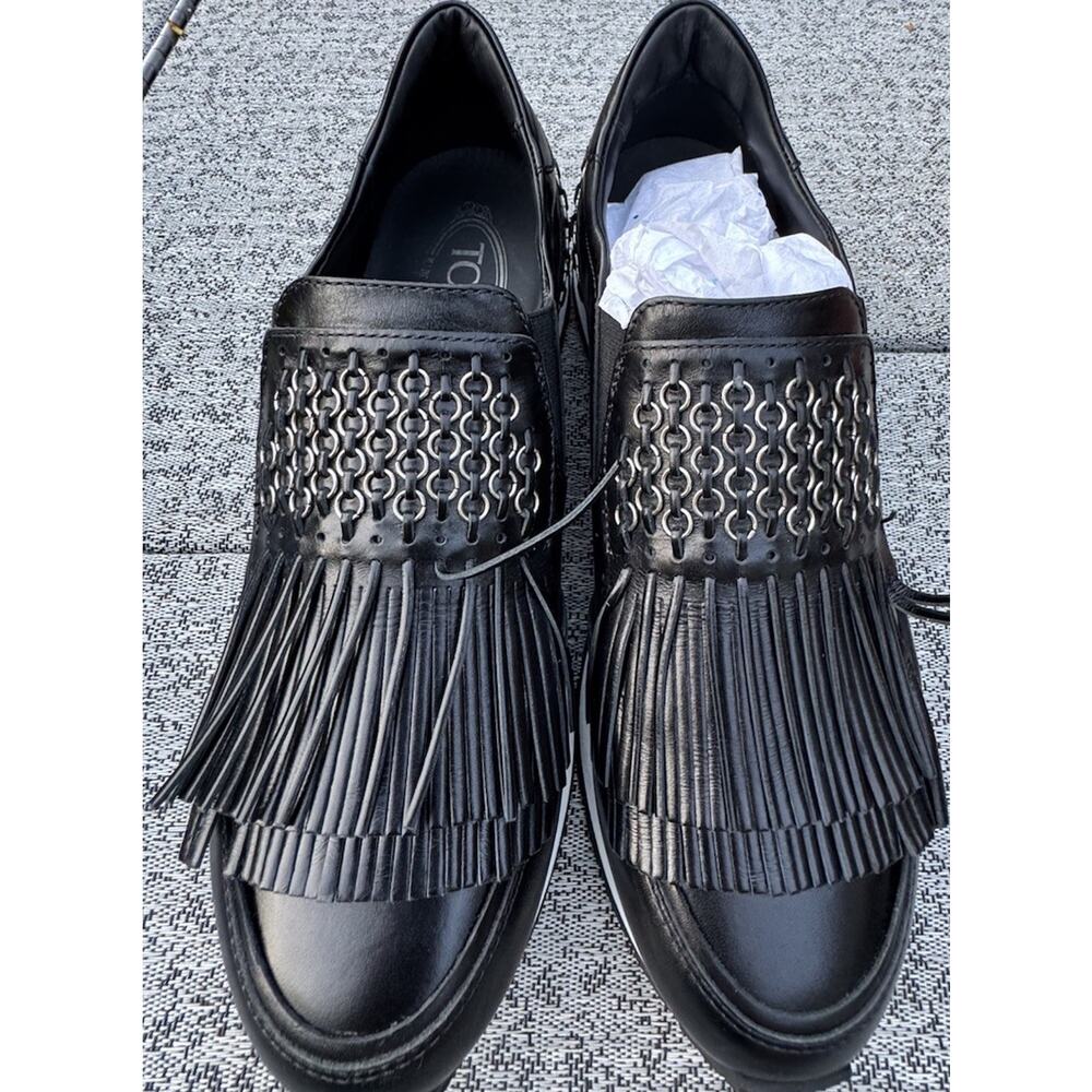 Tod’s Black Leather Fringe Chain Slip On Sneakers Loafers EU 39 US 8.5 9 New-